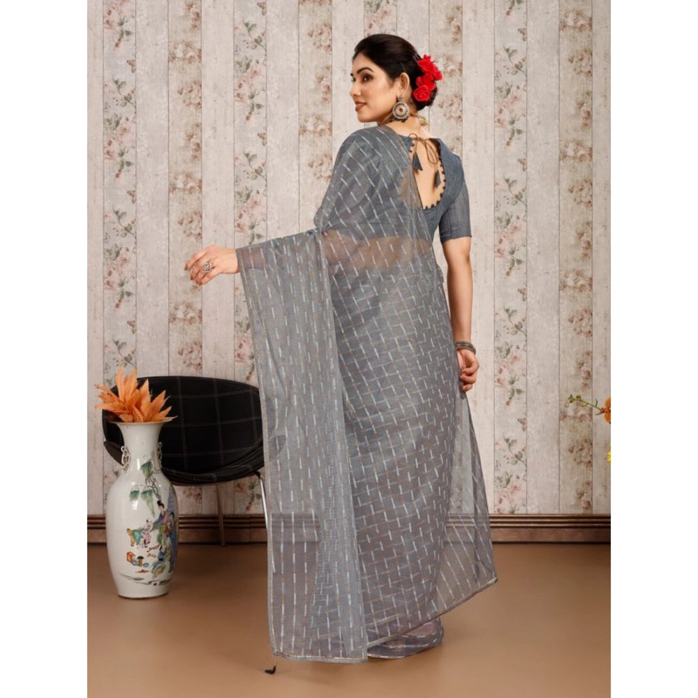 Women's Linen Line Saree With Unstitched Blouse (Grey, 5-6 Mtrs)