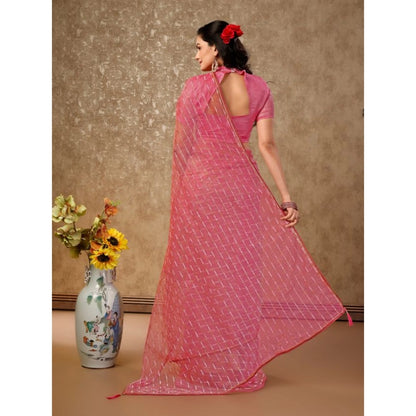 Women's Linen Line Saree With Unstitched Blouse (Pink, 5-6 Mtrs)