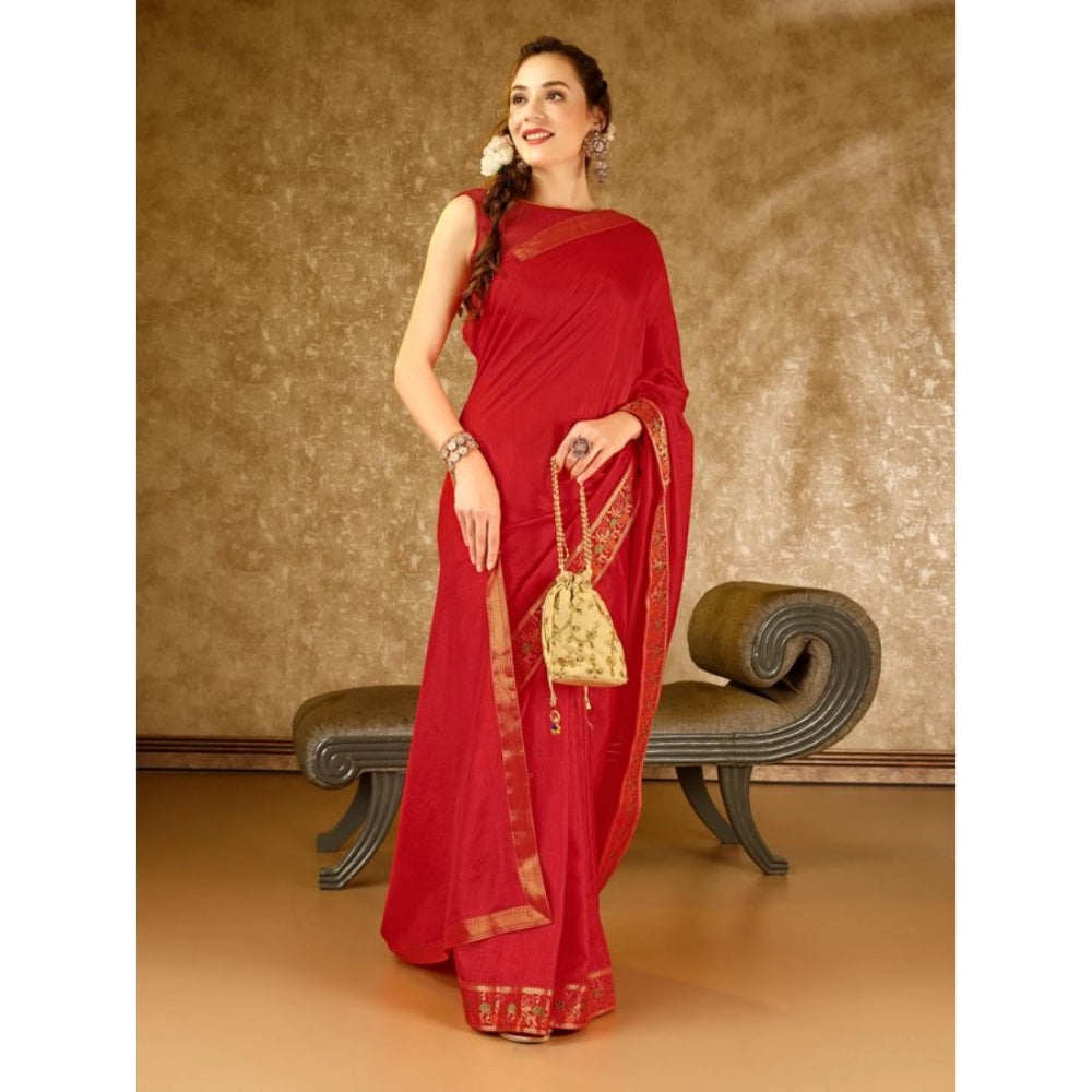 Women's Vichitra Swiroshki Butta Saree With Unstitched Blouse (Red, 5-6 Mtrs)