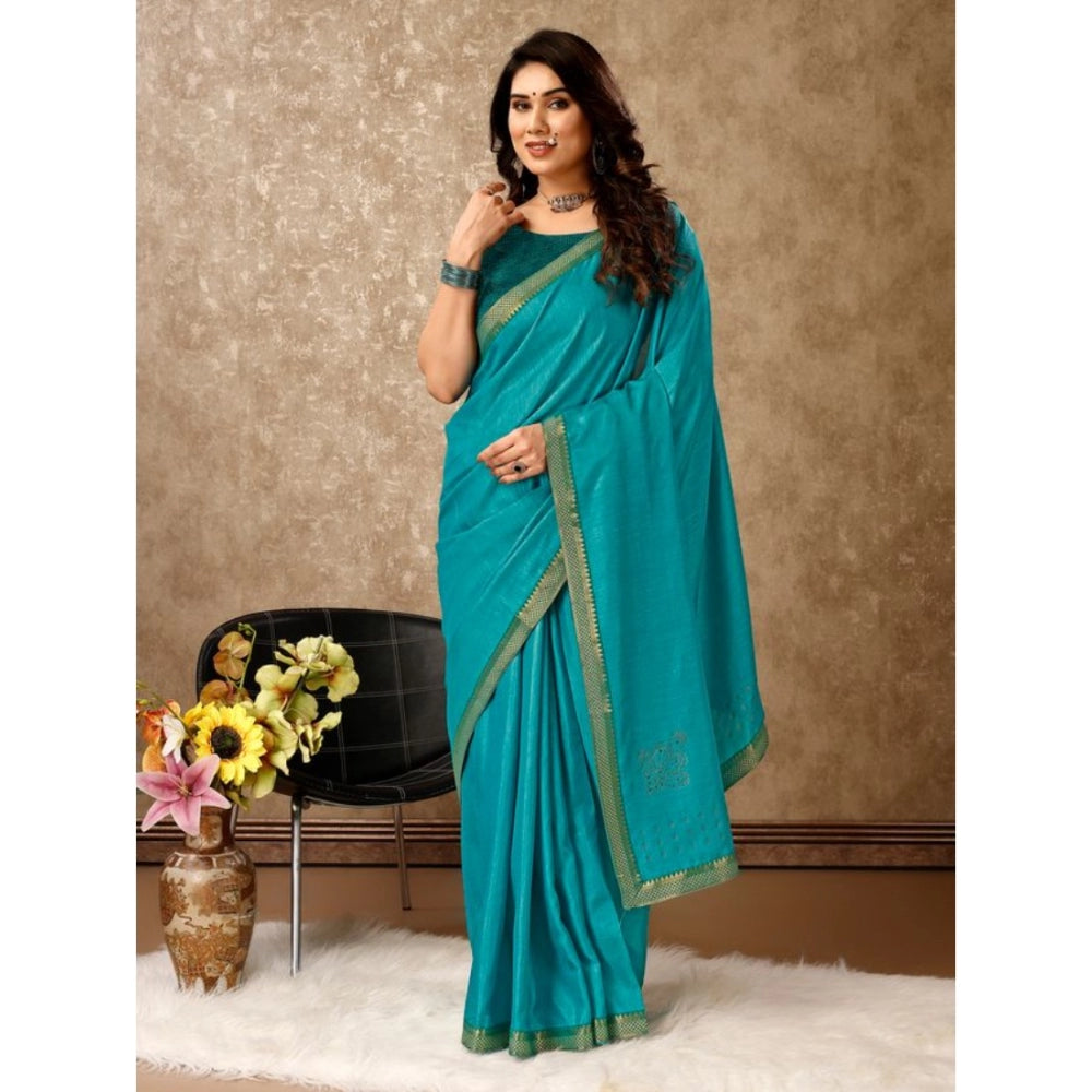 Women's Vichitra Swiroshki Butta Saree With Unstitched Blouse (Teal Blue, 5-6 Mtrs)