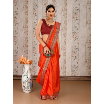 Women's Vichitra Plain Saree With Unstitched Blouse (Orange, 5-6 Mtrs)