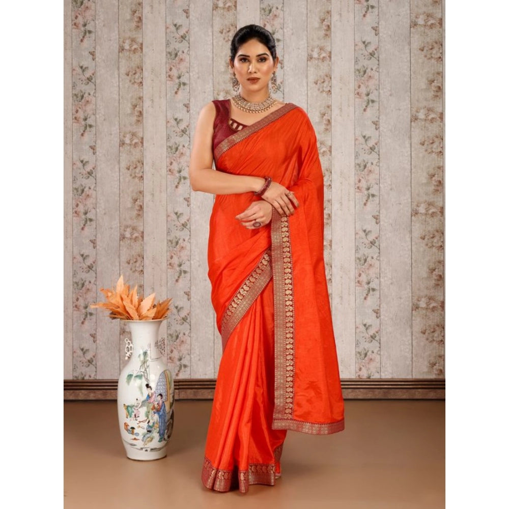 Women's Vichitra Plain Saree With Unstitched Blouse (Orange, 5-6 Mtrs)