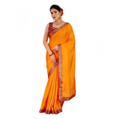 Women's Vichitra Swiroshki Butta Saree With Unstitched Blouse (Yellow, 5-6 Mtrs)