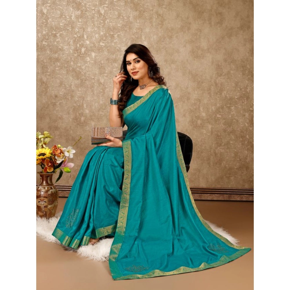 Women's Vichitra Swiroshki Butta Saree With Unstitched Blouse (Teal Blue, 5-6 Mtrs)