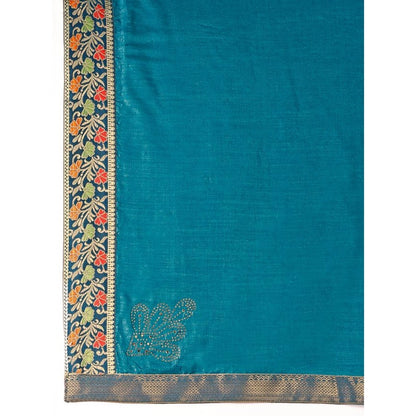 Women's Vichitra Swiroshki Butta Saree With Unstitched Blouse (Teal Blue, 5-6 Mtrs)