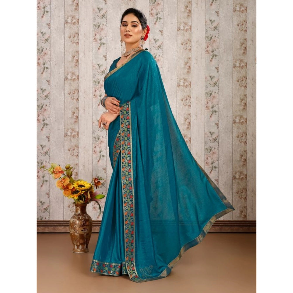 Women's Vichitra Swiroshki Butta Saree With Unstitched Blouse (Teal Blue, 5-6 Mtrs)