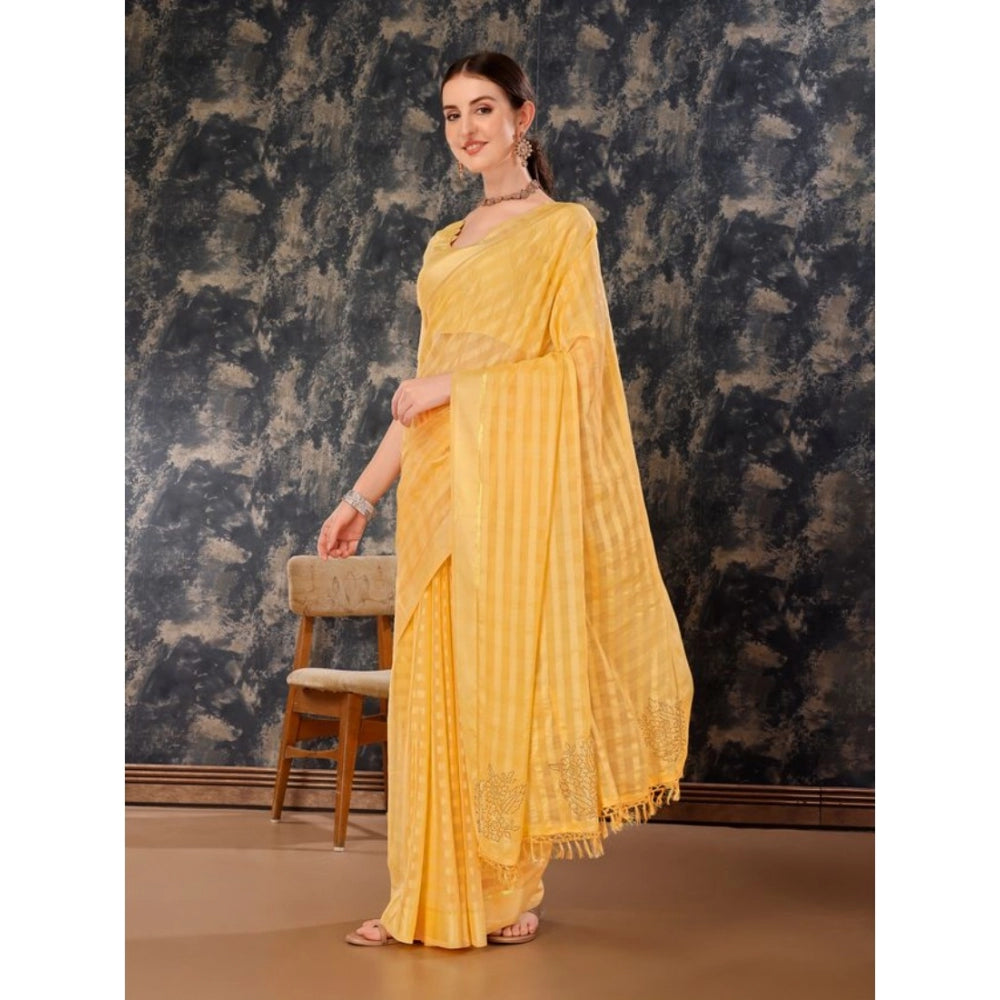 Women's Chiffon Fabric Line Saree With Unstitched Blouse (Yellow, 5-6 Mtrs)