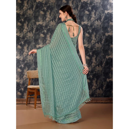 Women's Chiffon Fabric Line Saree With Unstitched Blouse (Turquoise green, 5-6 Mtrs)