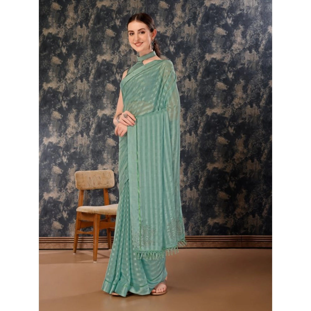 Women's Chiffon Fabric Line Saree With Unstitched Blouse (Turquoise green, 5-6 Mtrs)