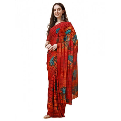 Women's Georgette Floral Printed Saree With Unstitched Blouse (Maroon, 5-6 Mtrs)