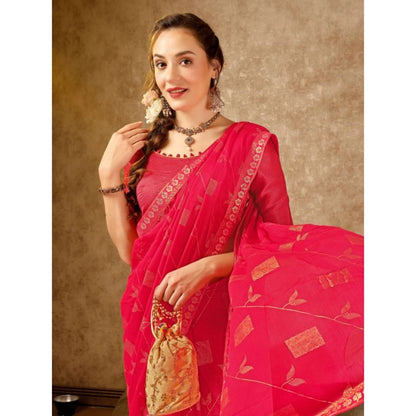 Women's Zomto Patta Chiffon Saree With Unstitched Blouse (Pink, 5-6 Mtrs)