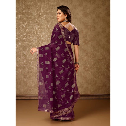 Women's Zomto Patta Chiffon Saree With Unstitched Blouse (Wine, 5-6 Mtrs)