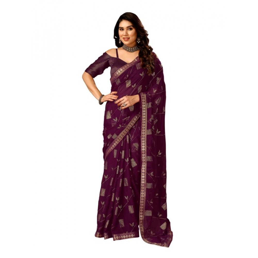 Women's Zomto Patta Chiffon Saree With Unstitched Blouse (Wine, 5-6 Mtrs)