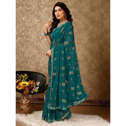 Women's Zomto Patta Chiffon Saree With Unstitched Blouse (Teal Blue, 5-6 Mtrs)