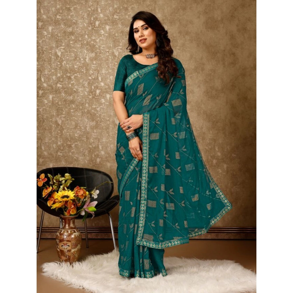 Women's Zomto Patta Chiffon Saree With Unstitched Blouse (Teal Blue, 5-6 Mtrs)