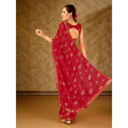 Women's Zomto Patta Chiffon Saree With Unstitched Blouse (Red, 5-6 Mtrs)