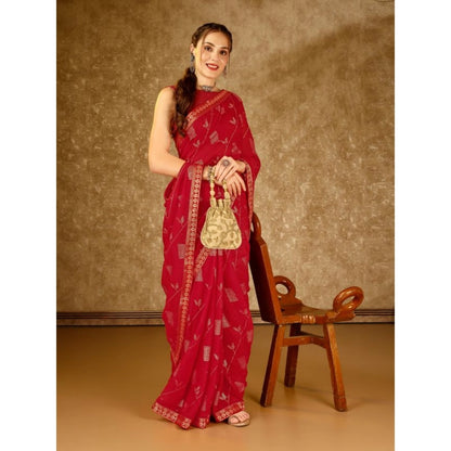 Women's Zomto Patta Chiffon Saree With Unstitched Blouse (Red, 5-6 Mtrs)