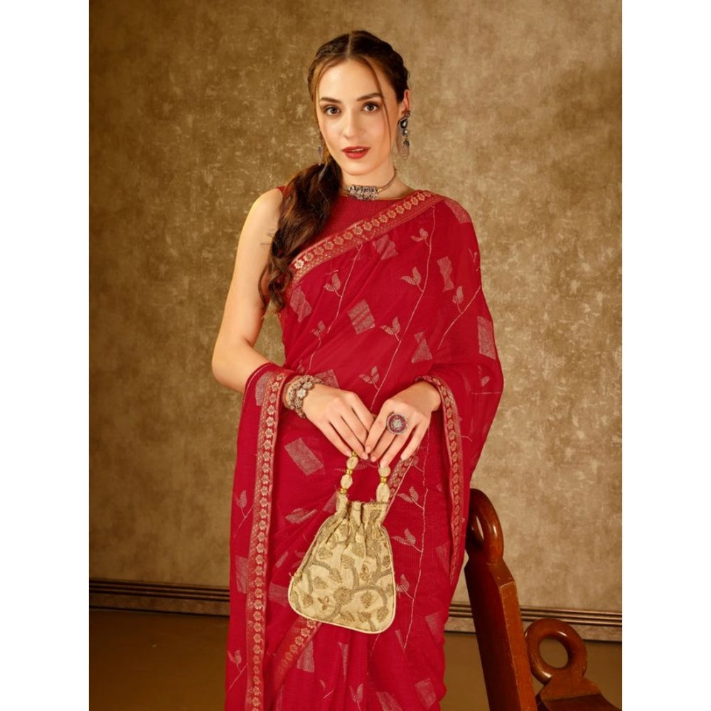 Women's Zomto Patta Chiffon Saree With Unstitched Blouse (Red, 5-6 Mtrs)