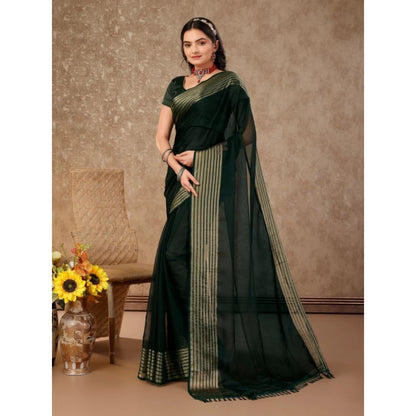 Women's Chiffon Fabric Plain Saree With Unstitched Blouse (Green, 5-6 Mtrs)