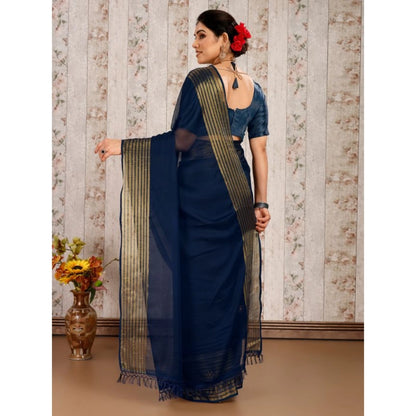 Women's Chiffon Fabric Plain Saree With Unstitched Blouse (Blue, 5-6 Mtrs)