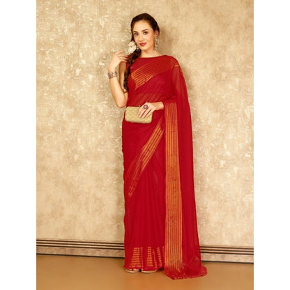 Women's Chiffon Fabric Plain Saree With Unstitched Blouse (Red, 5-6 Mtrs)