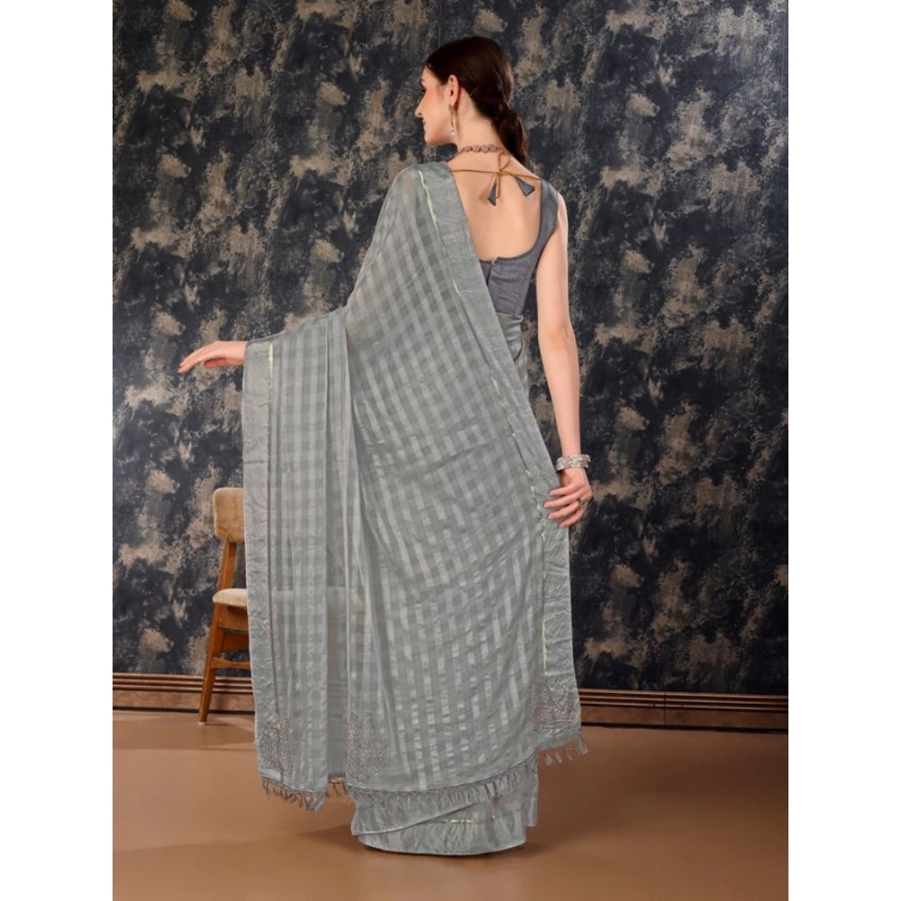 Women's Chiffon Fabric Line Saree With Unstitched Blouse (Grey, 5-6 Mtrs)