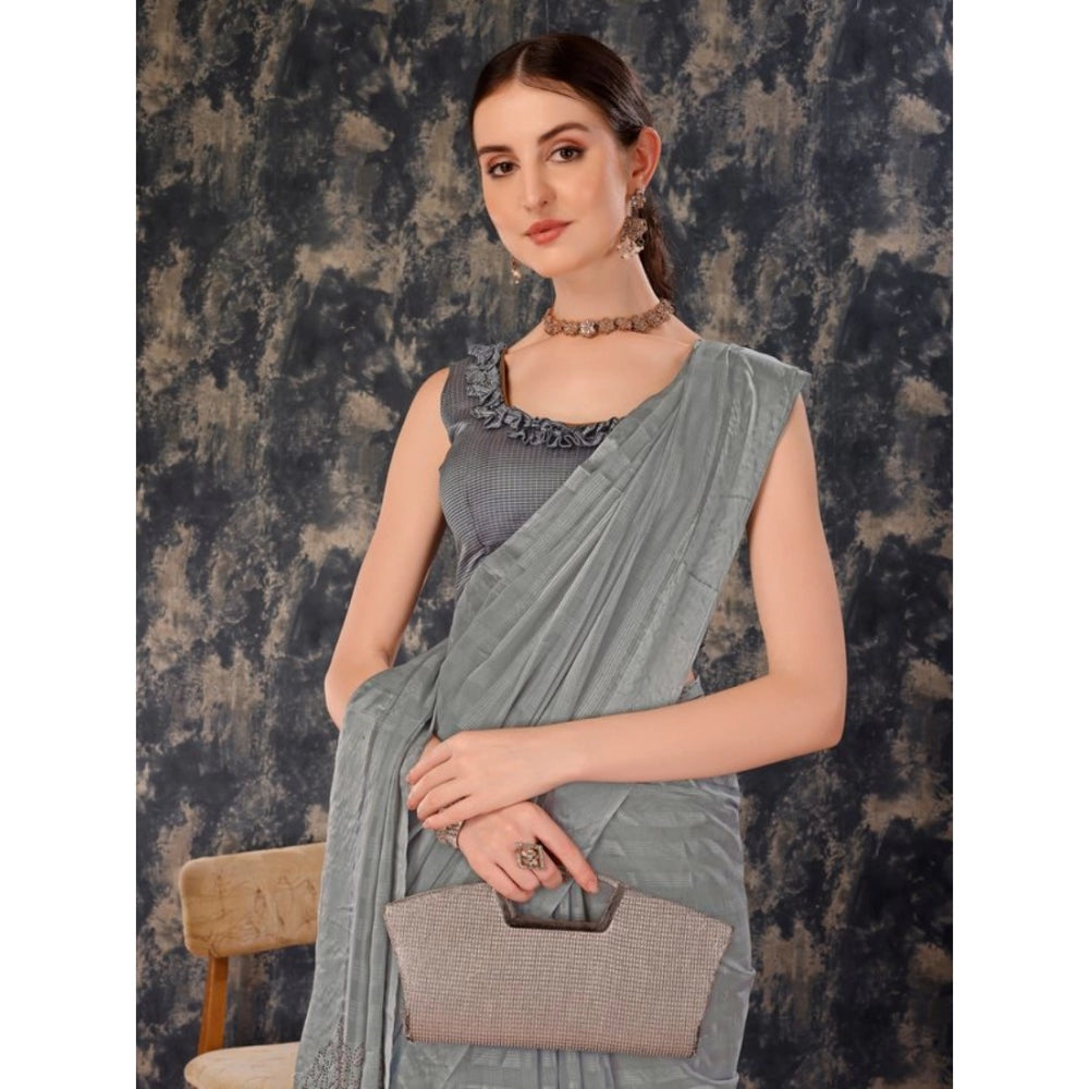 Women's Chiffon Fabric Line Saree With Unstitched Blouse (Grey, 5-6 Mtrs)