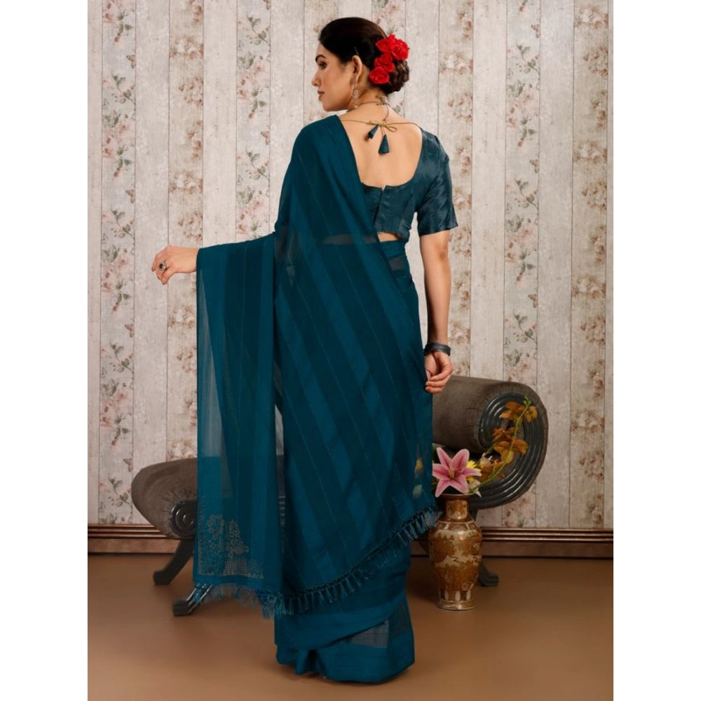 Women's Chiffon Fabric Line Saree With Unstitched Blouse (Blue, 5-6 Mtrs)