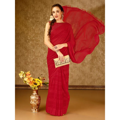 Women's Chiffon Fabric Line Saree With Unstitched Blouse (Red, 5-6 Mtrs)