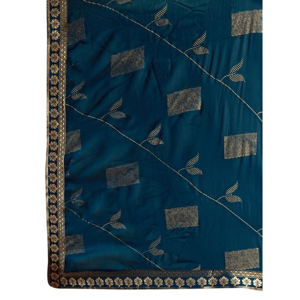 Women's Zomto Patta Chiffon Saree With Unstitched Blouse (Blue, 5-6 Mtrs)