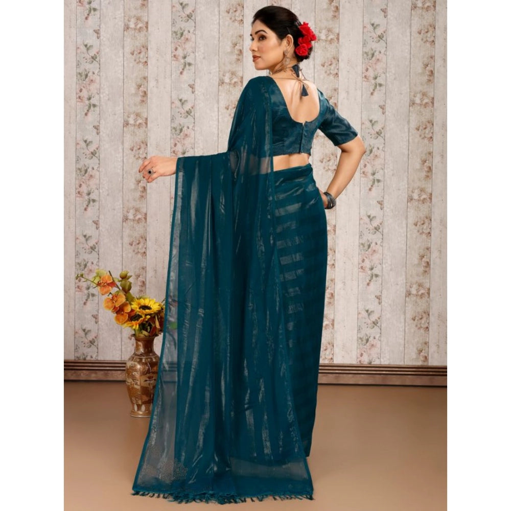 Women's Chiffon Fabric Line Saree With Unstitched Blouse (Teal Blue, 5-6 Mtrs)