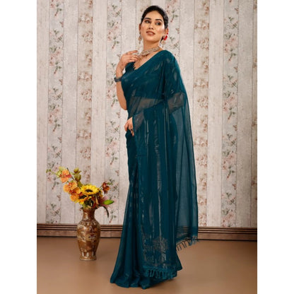 Women's Chiffon Fabric Line Saree With Unstitched Blouse (Teal Blue, 5-6 Mtrs)