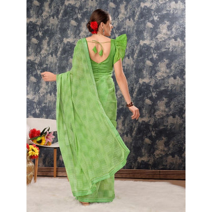 Women's Zomto Checked Saree With Unstitched Blouse (Green, 5-6 Mtrs)