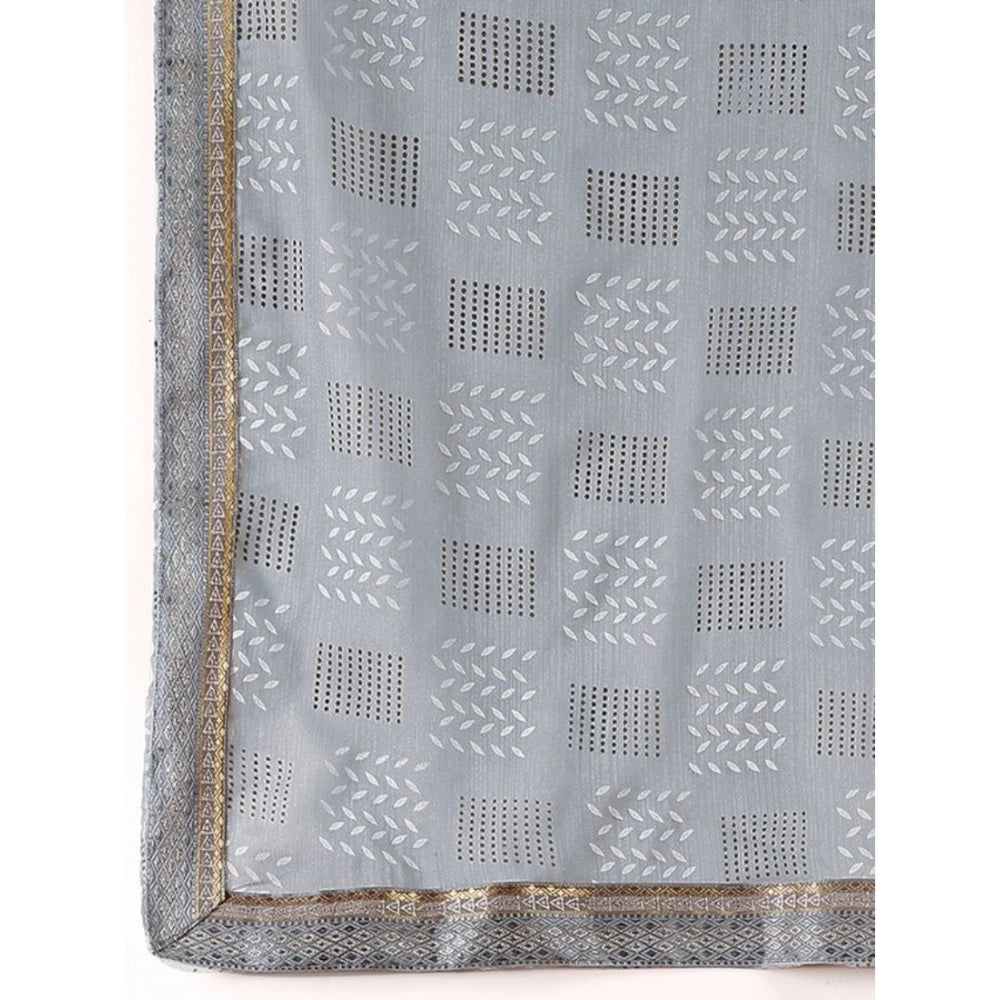 Women's Zomto Checked Saree With Unstitched Blouse (Grey, 5-6 Mtrs)