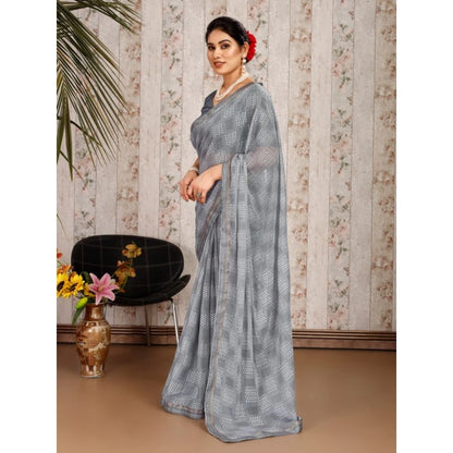 Women's Zomto Checked Saree With Unstitched Blouse (Grey, 5-6 Mtrs)