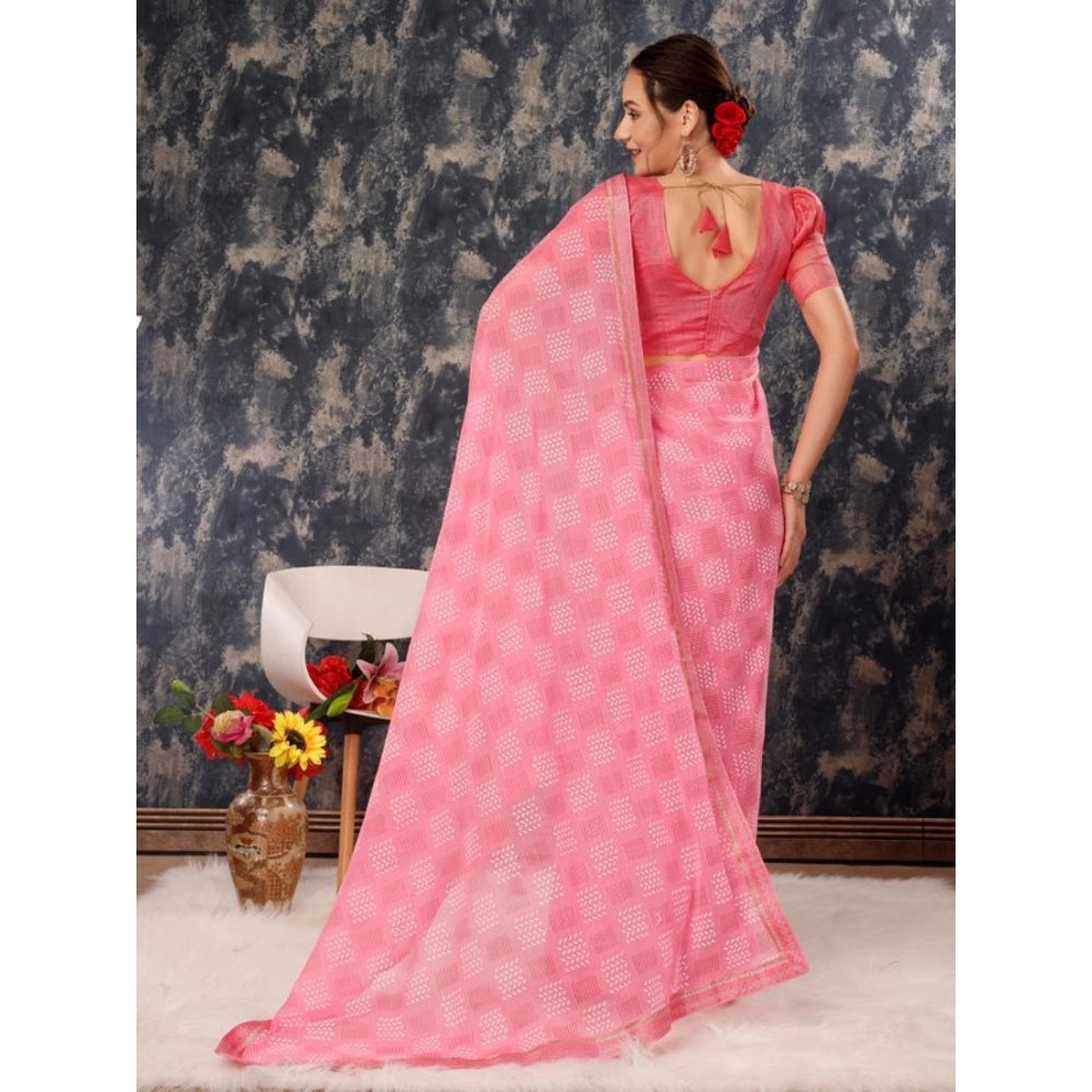 Women's Zomto Checked Saree With Unstitched Blouse (Pink, 5-6 Mtrs)