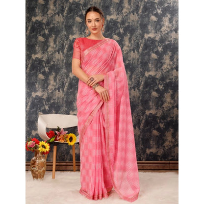 Women's Zomto Checked Saree With Unstitched Blouse (Pink, 5-6 Mtrs)