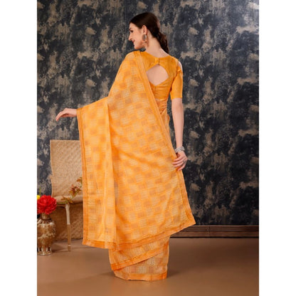 Women's Zomto Checked Saree With Unstitched Blouse (Yellow, 5-6 Mtrs)