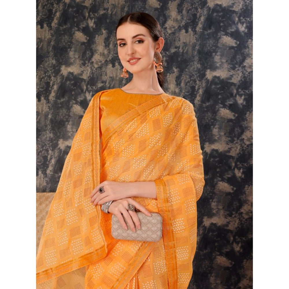 Women's Zomto Checked Saree With Unstitched Blouse (Yellow, 5-6 Mtrs)