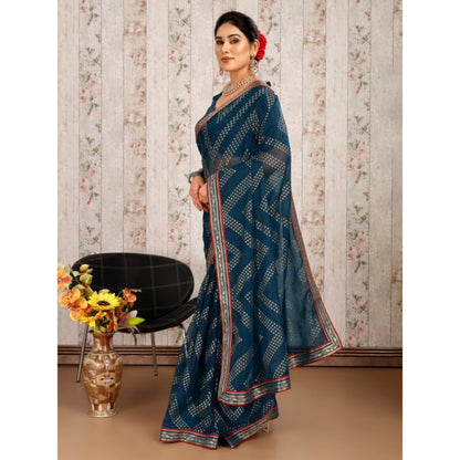 Women's Zomto Zig Zag Saree With Unstitched Blouse (Blue, 5-6 Mtrs)