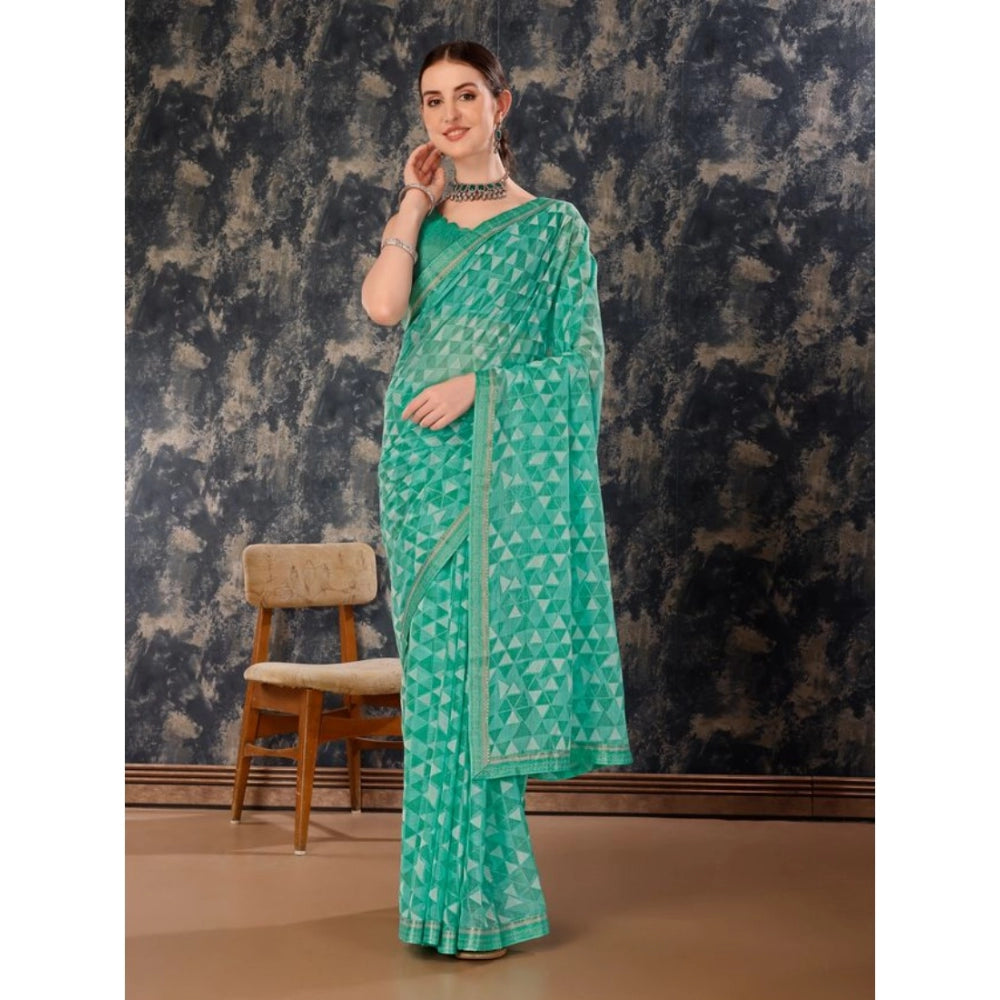 Women's Zomto Printed Saree With Unstitched Blouse (Turquies Green, 5-6 Mtrs)