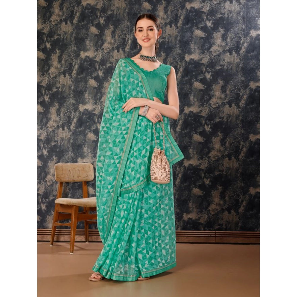 Women's Zomto Printed Saree With Unstitched Blouse (Turquies Green, 5-6 Mtrs)