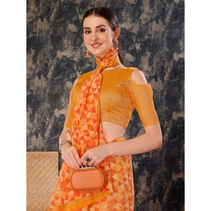 Women's Zomto Printed Saree With Unstitched Blouse (Light Orange, 5-6 Mtrs)