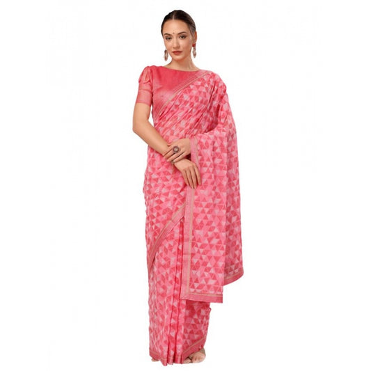 Women's Zomto Printed Saree With Unstitched Blouse (Pink, 5-6 Mtrs)