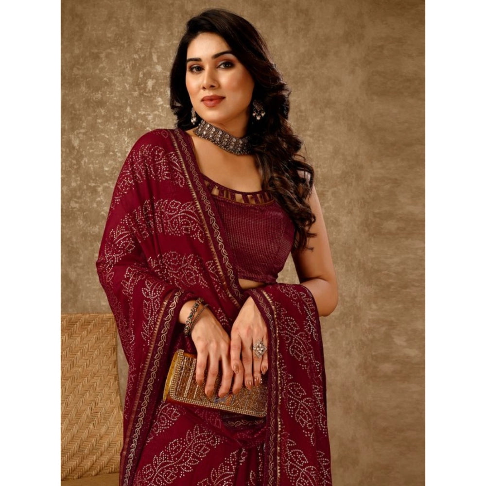 Women's Zomto Bandhini Saree With Unstitched Blouse (Maroon, 5-6 Mtrs)