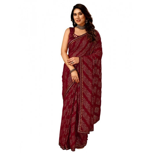 Women's Zomto Bandhini Saree With Unstitched Blouse (Maroon, 5-6 Mtrs)