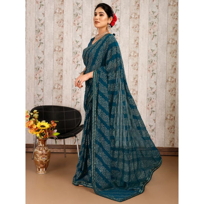 Women's Zomto Bandhini Saree With Unstitched Blouse (Blue, 5-6 Mtrs)