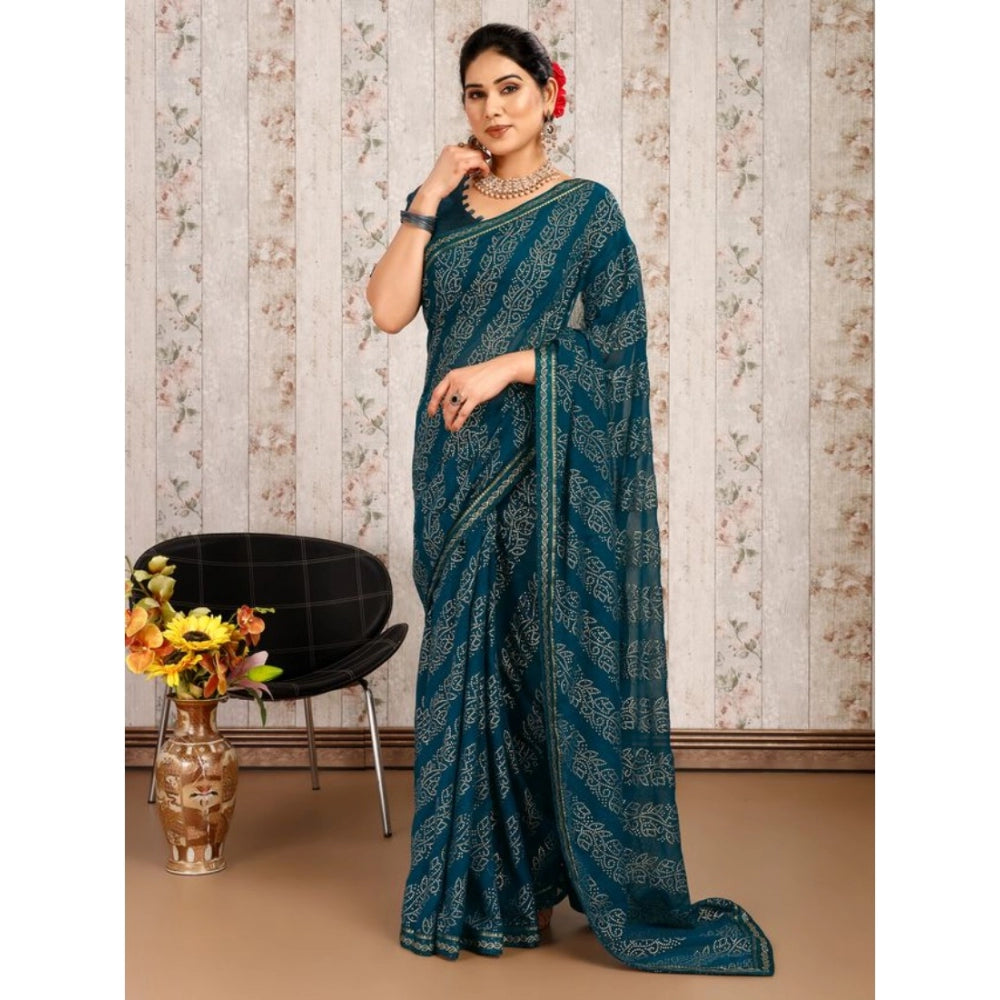 Women's Zomto Bandhini Saree With Unstitched Blouse (Blue, 5-6 Mtrs)