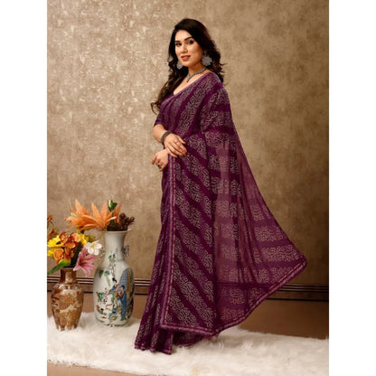 Women's Zomto Bandhini Saree With Unstitched Blouse (Wine, 5-6 Mtrs)