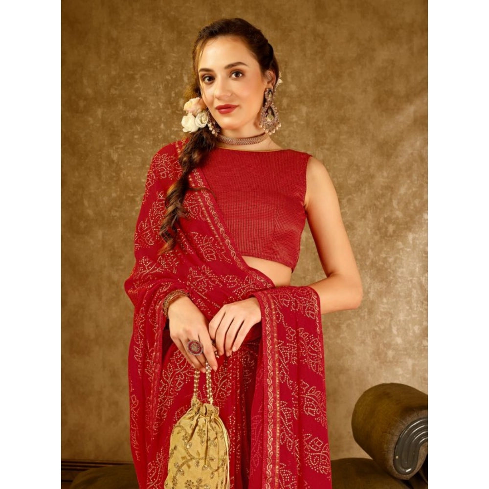 Women's Zomto Bandhini Saree With Unstitched Blouse (Red, 5-6 Mtrs)